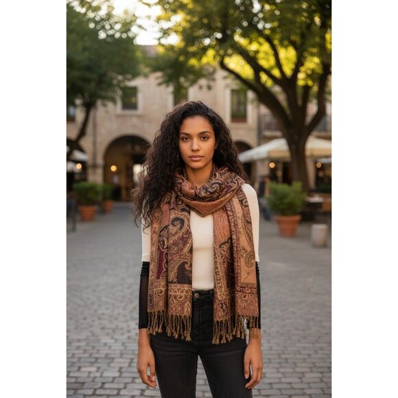 Waverly Paisley Scarf Wrap Shawl 27" X 69" Including Fringe Elegant Gold & Burgu - Picture 4 of 15